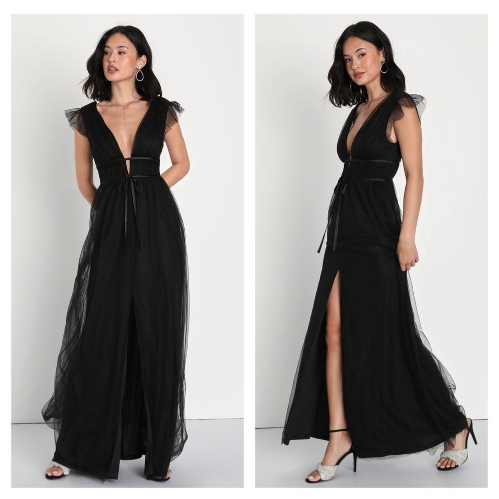 Lulu's Black Tulle Maxi Dress with Deep V & Open Back - Picture 2 of 7
